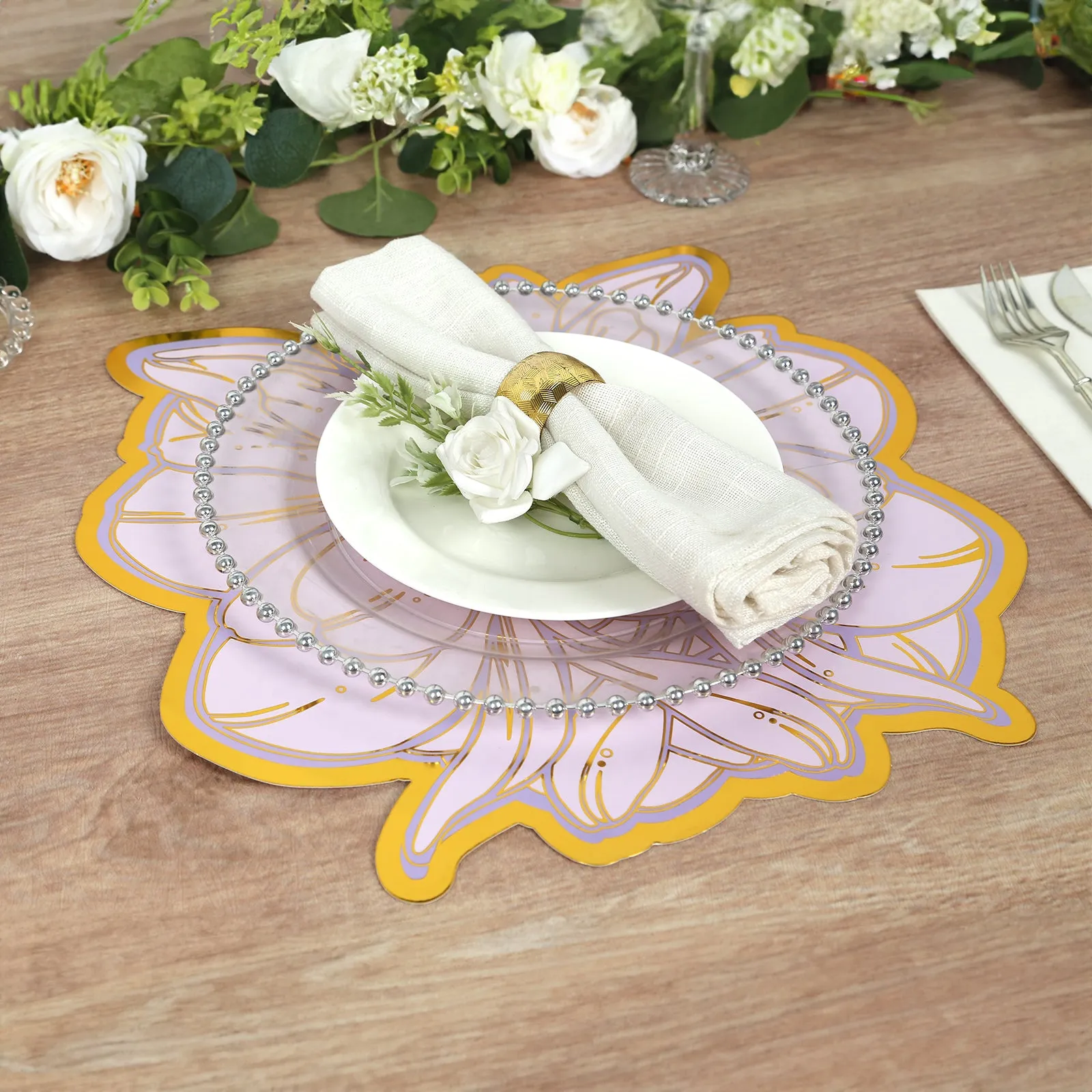 10 Pack Lavender Peony Cardboard Paper Table Mats with Gold Foil Edges, 14" Lilac Disposable Floral Paper Placemats - 300GSM