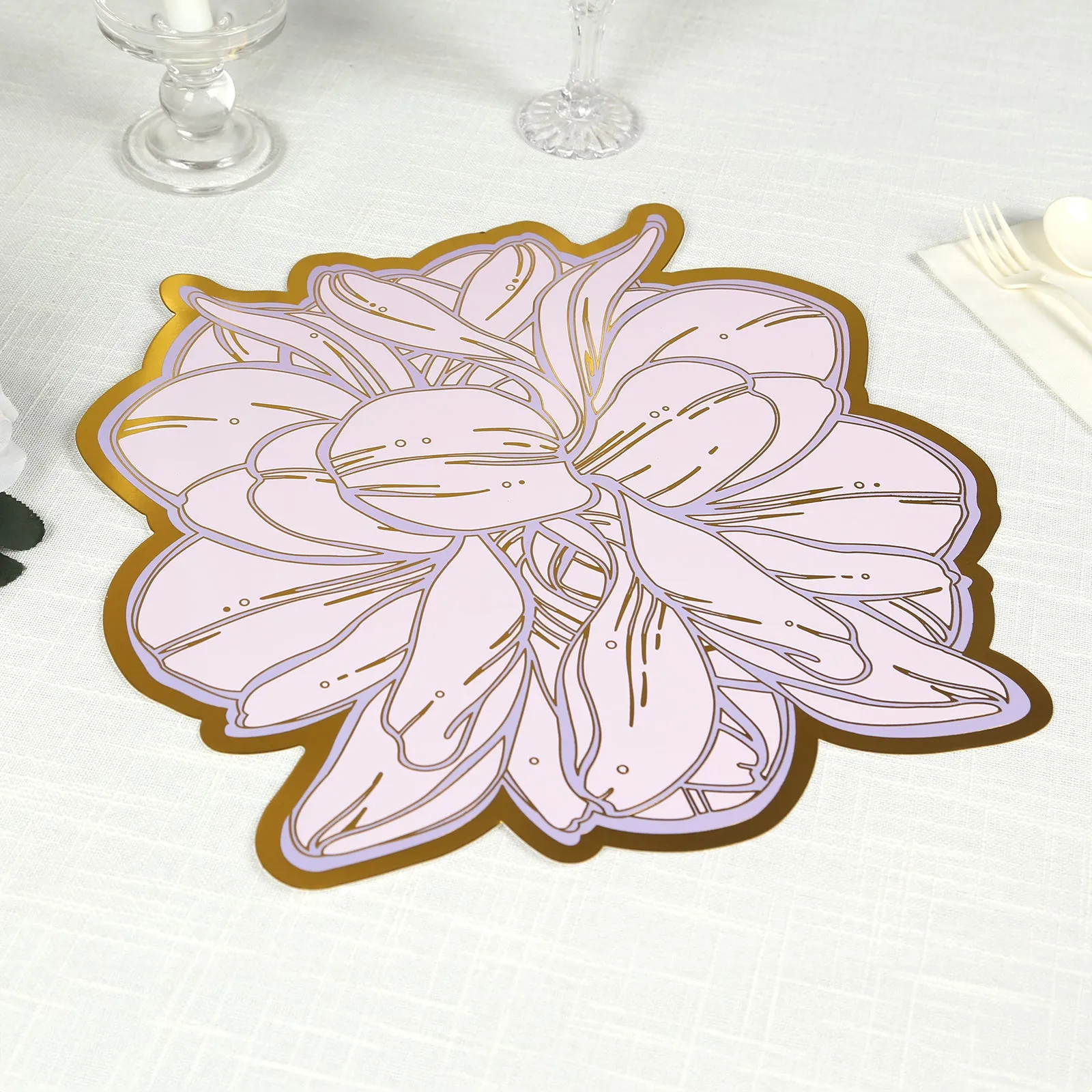 10 Pack Lavender Peony Cardboard Paper Table Mats with Gold Foil Edges, 14" Lilac Disposable Floral Paper Placemats - 300GSM