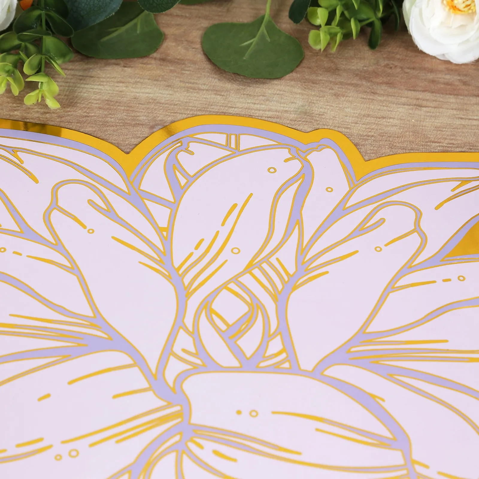 10 Pack Lavender Peony Cardboard Paper Table Mats with Gold Foil Edges, 14" Lilac Disposable Floral Paper Placemats - 300GSM