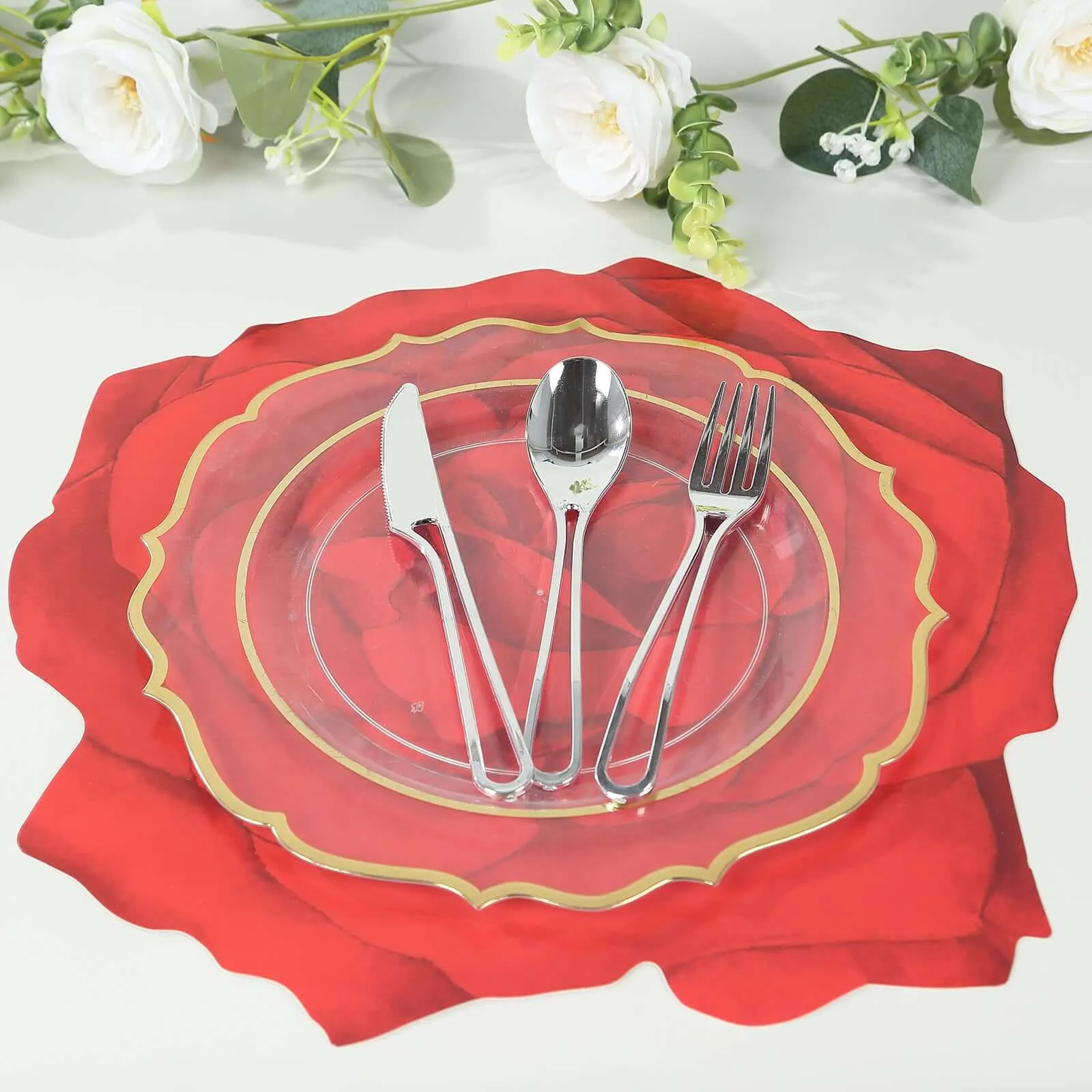 10 Pack Red Rose Flower Disposable Table Mats, 14" Floral Cardboard Paper Placemats - 400GSM