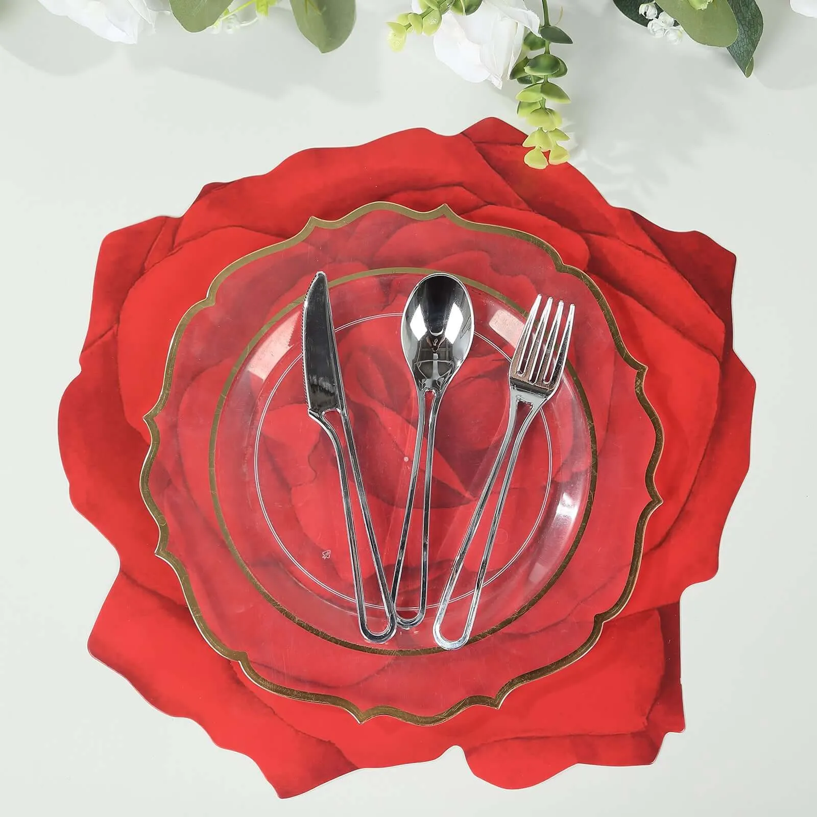 10 Pack Red Rose Flower Disposable Table Mats, 14" Floral Cardboard Paper Placemats - 400GSM