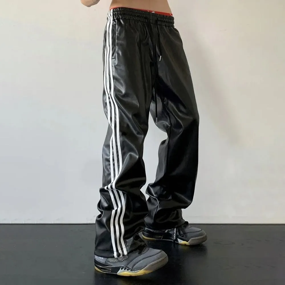 2023 New Men's Spring Autumn Loose Straight Casual Mopping Sense Wide-leg Sports Pants High Street Style Leather Pants