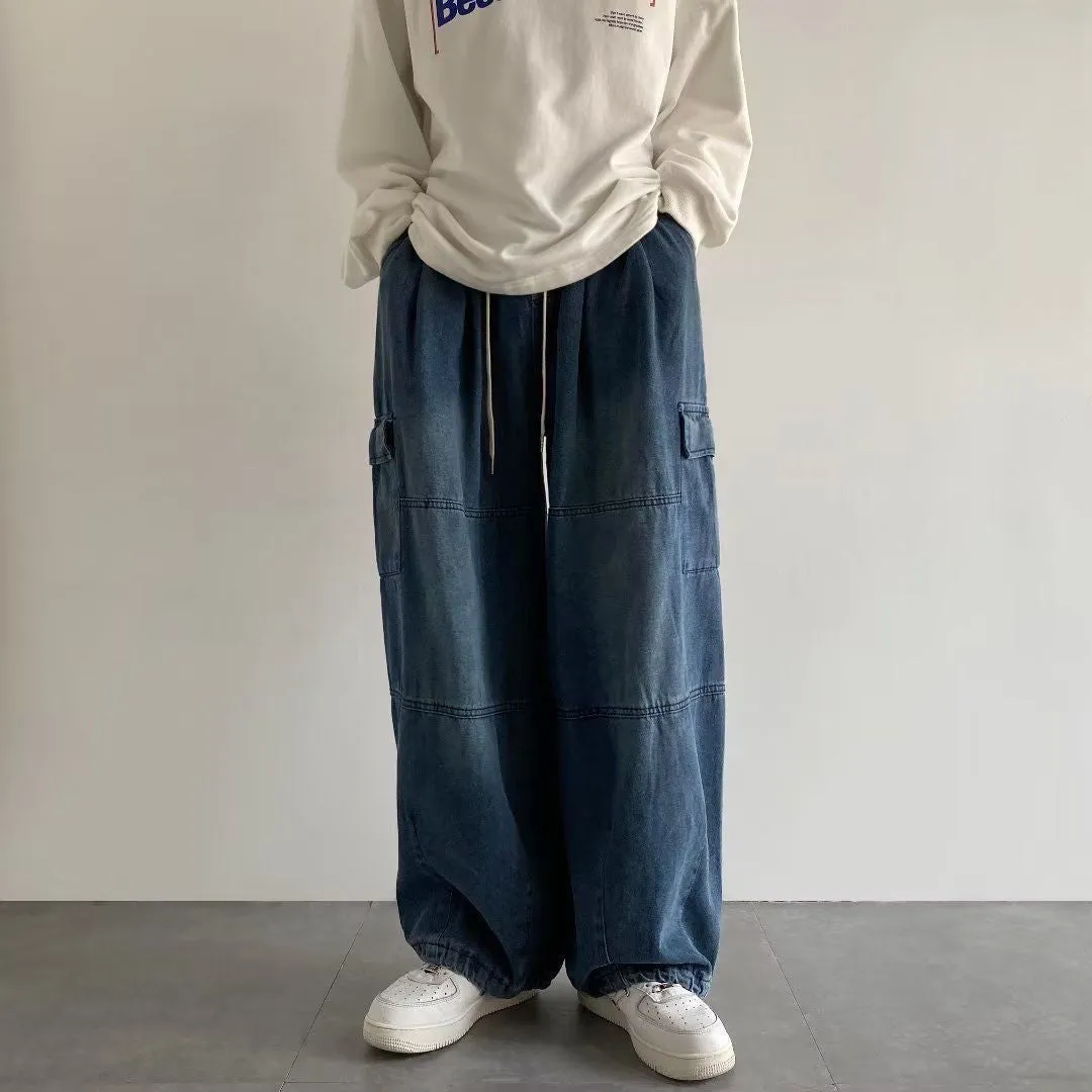 2023 Spring Fashion Wide Leg Baggy Jeans For Men Hip Hop Elastic Waist Cargo Pants Solid Color Straight Loose Women's Jeans