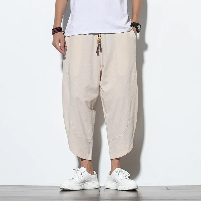 2023 Summer Casual Men's Pants Harajuku Solid Color Baggy Pants Cotton Linen Wide Leg Harem Trousers For Men