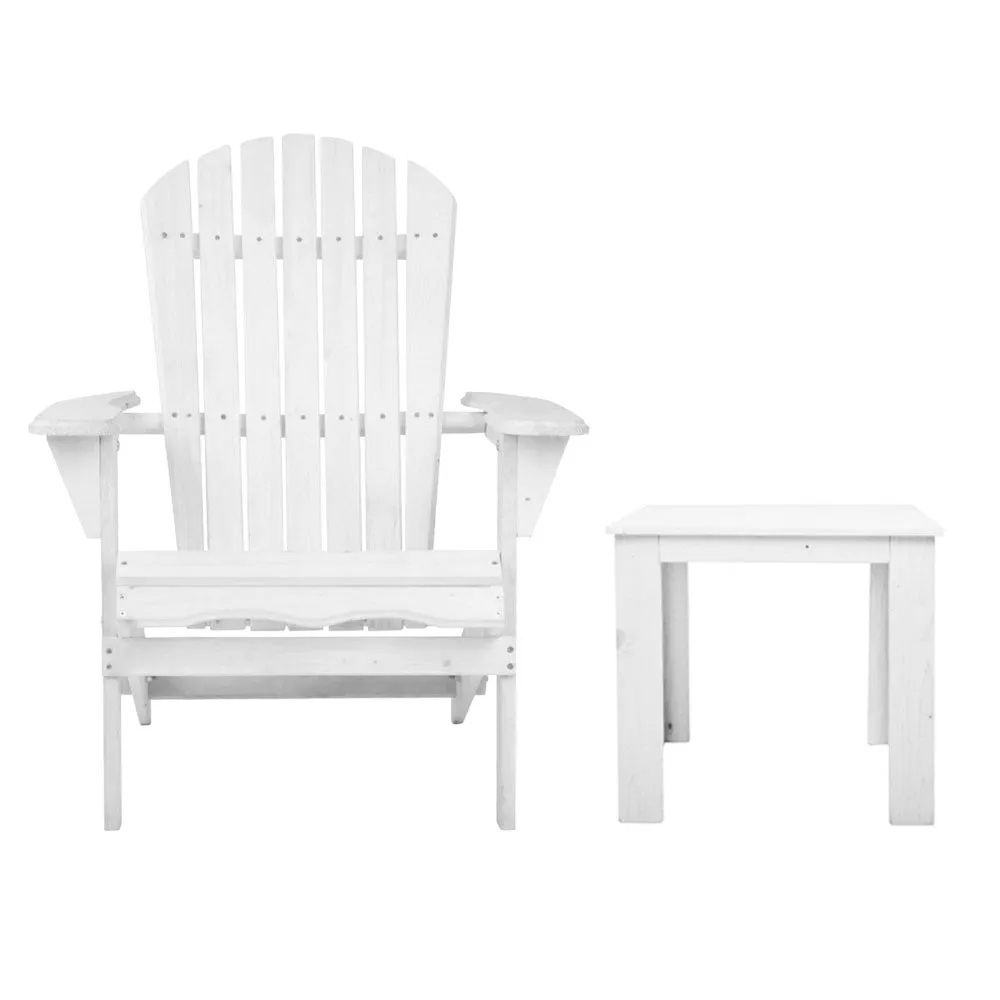 3PC Adirondack Outdoor Table and Chairs Wooden Foldable Beach Chair White