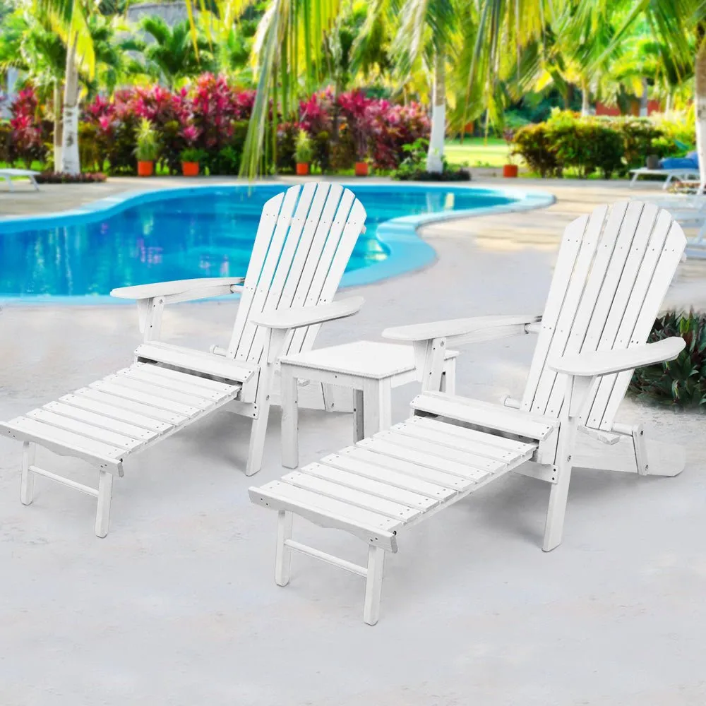 3PC Adirondack Outdoor Table and Chairs Wooden Sun Lounge Beach Patio White