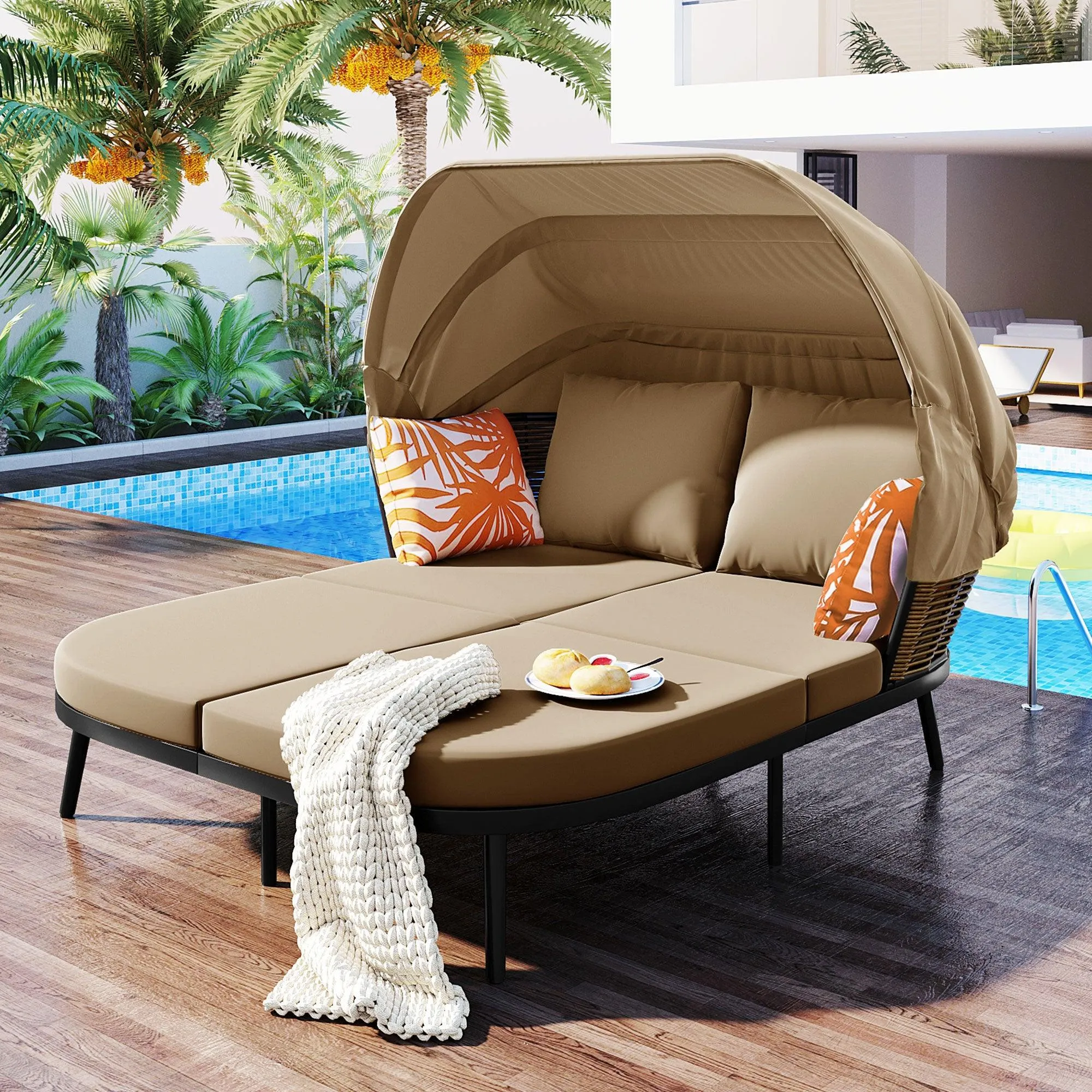 74.8" L Patio Daybed with Retractable Canopy, Rattan PE Wicker Back Loveseat Sofa Set with Throw Pillows and Cushions, Brown