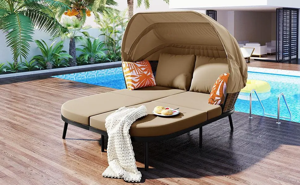 74.8" L Patio Daybed with Retractable Canopy, Rattan PE Wicker Back Loveseat Sofa Set with Throw Pillows and Cushions, Brown