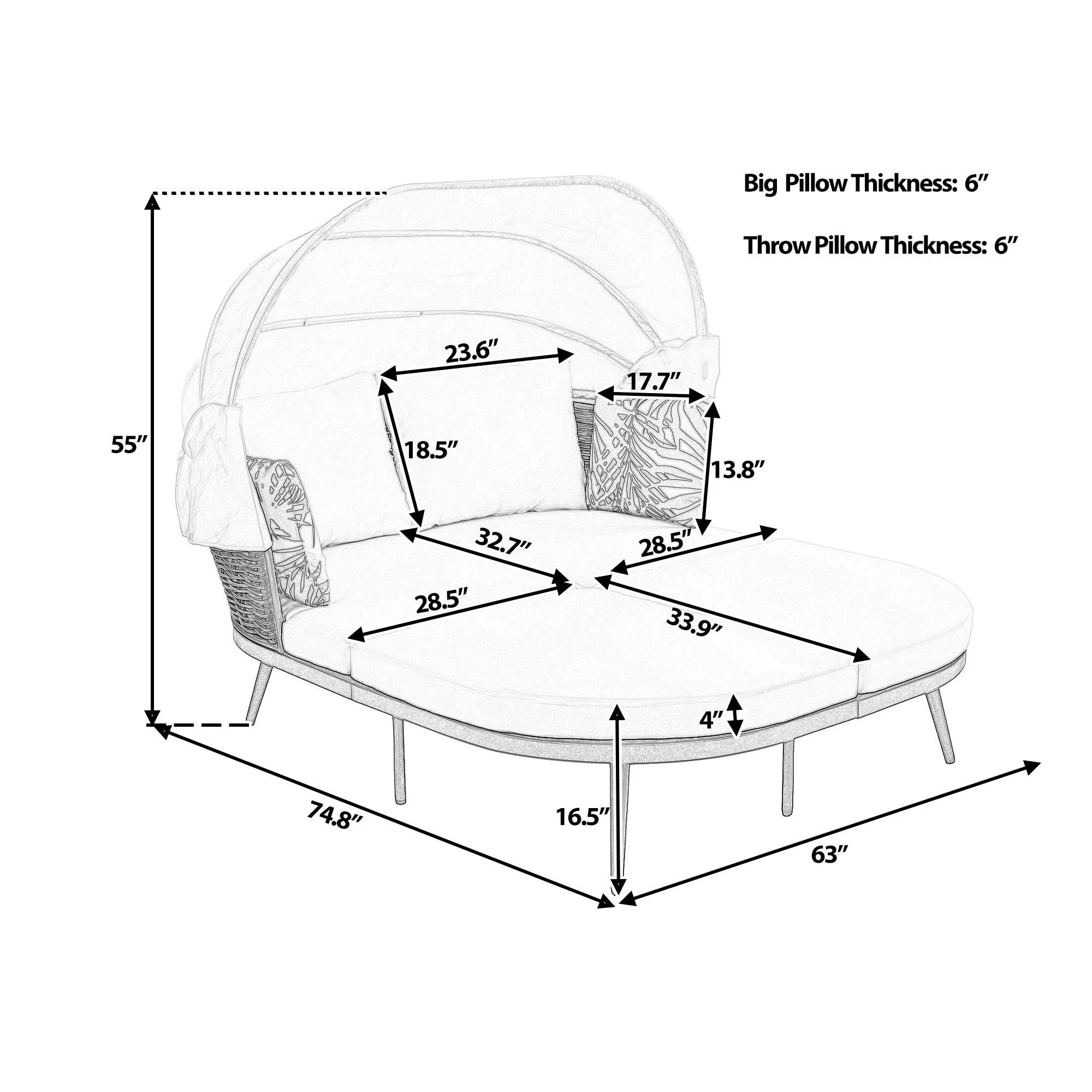 74.8" L Patio Daybed with Retractable Canopy, Rattan PE Wicker Back Loveseat Sofa Set with Throw Pillows and Cushions, Brown