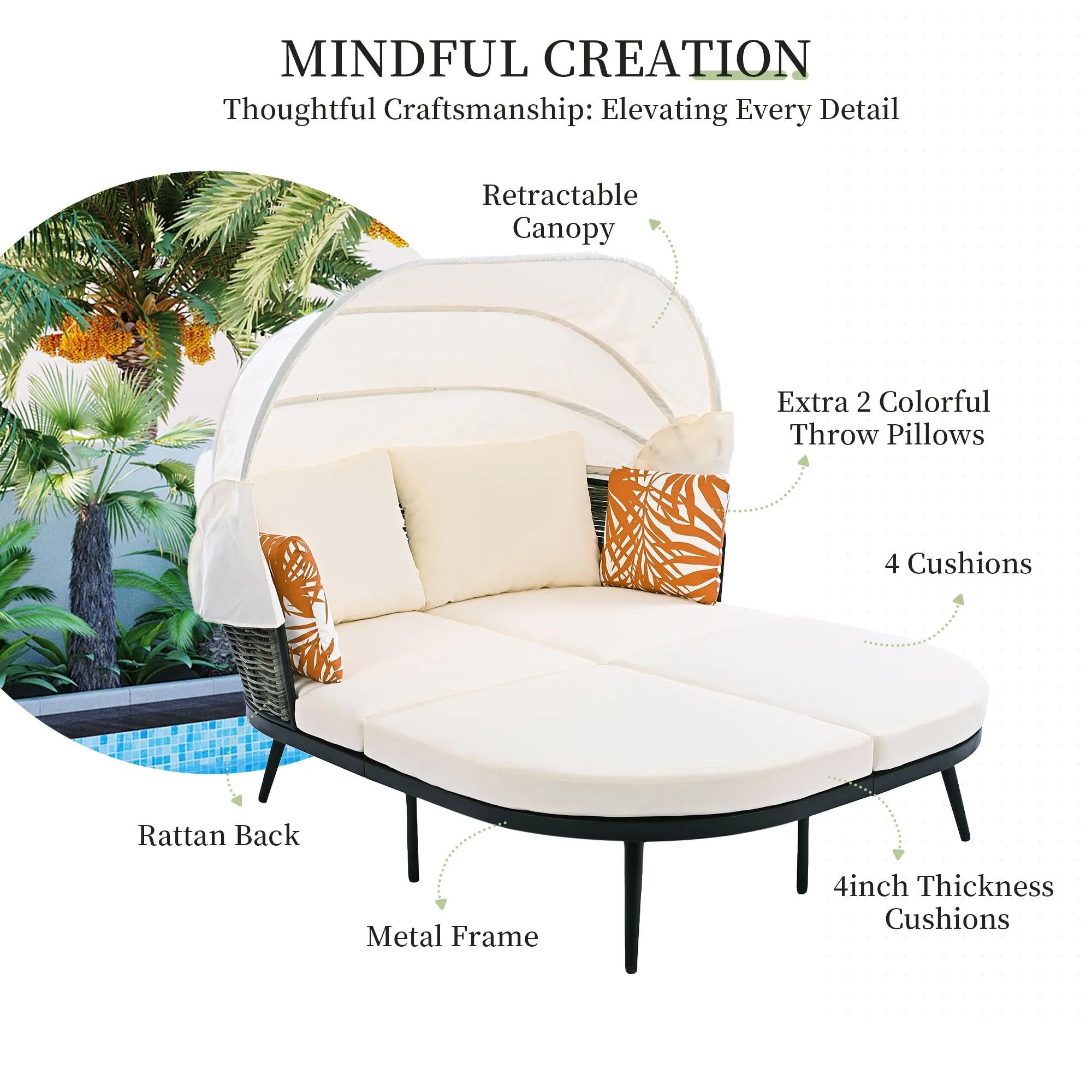 74.8" L Patio Daybed with Retractable Canopy, Rattan PE Wicker Back Loveseat Sofa Set with Throw Pillows and Cushions for Backyard, Beige