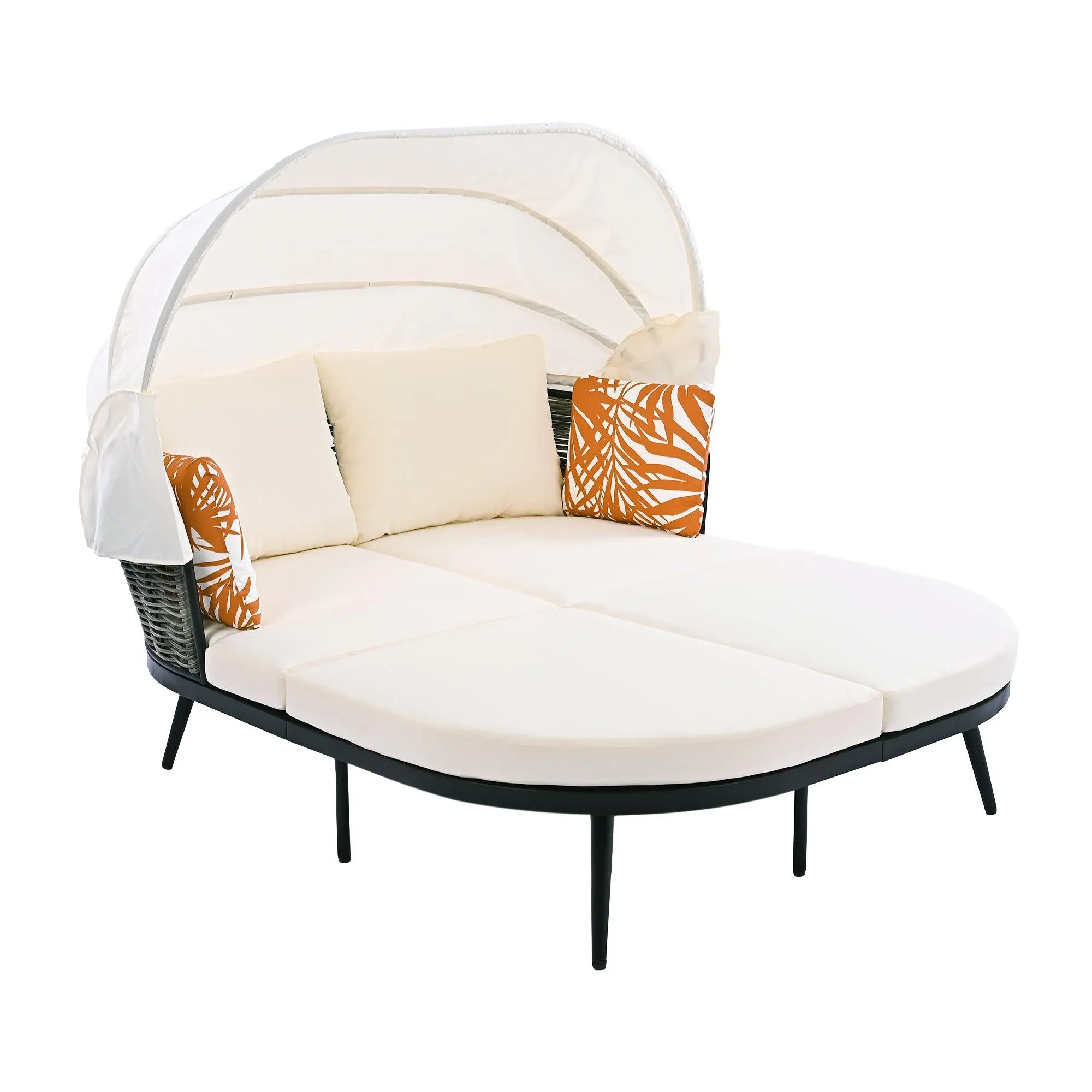 74.8" L Patio Daybed with Retractable Canopy, Rattan PE Wicker Back Loveseat Sofa Set with Throw Pillows and Cushions for Backyard, Beige