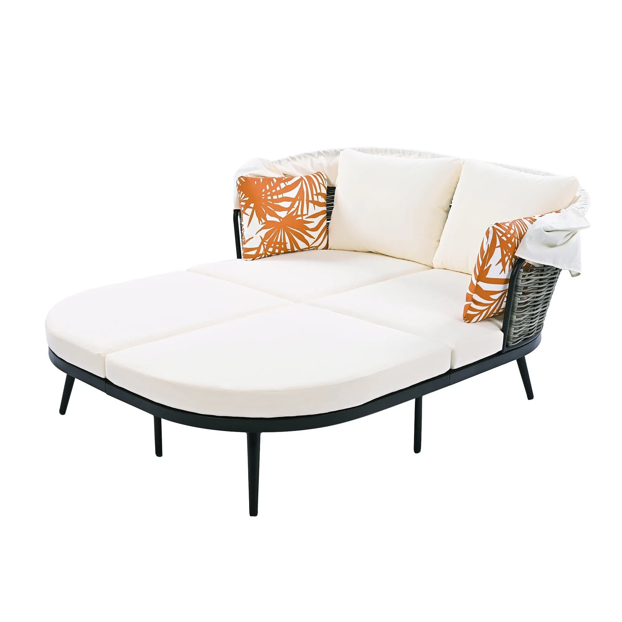 74.8" L Patio Daybed with Retractable Canopy, Rattan PE Wicker Back Loveseat Sofa Set with Throw Pillows and Cushions for Backyard, Beige