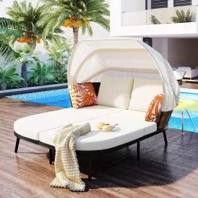 74.8" L Patio Daybed with Retractable Canopy, Rattan PE Wicker Back Loveseat Sofa Set with Throw Pillows and Cushions for Backyard, Beige