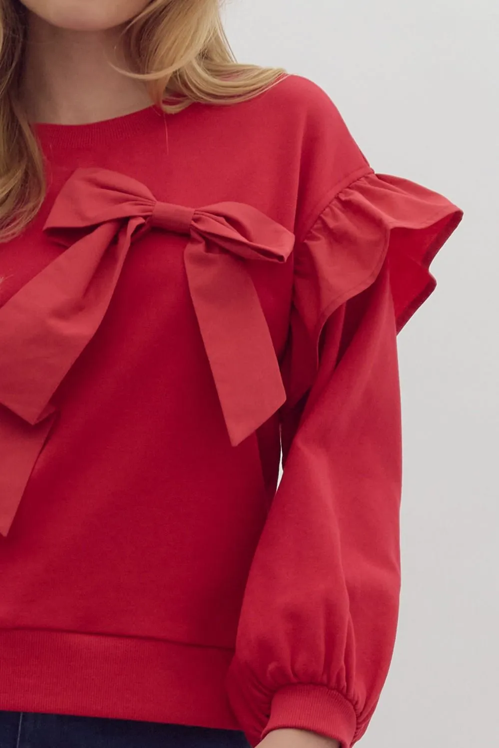 Alice Ruffle Sleeve Sweater With Bow - Red