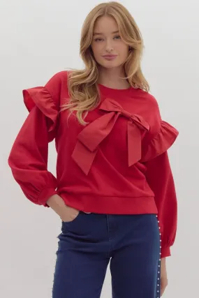 Alice Ruffle Sleeve Sweater With Bow - Red