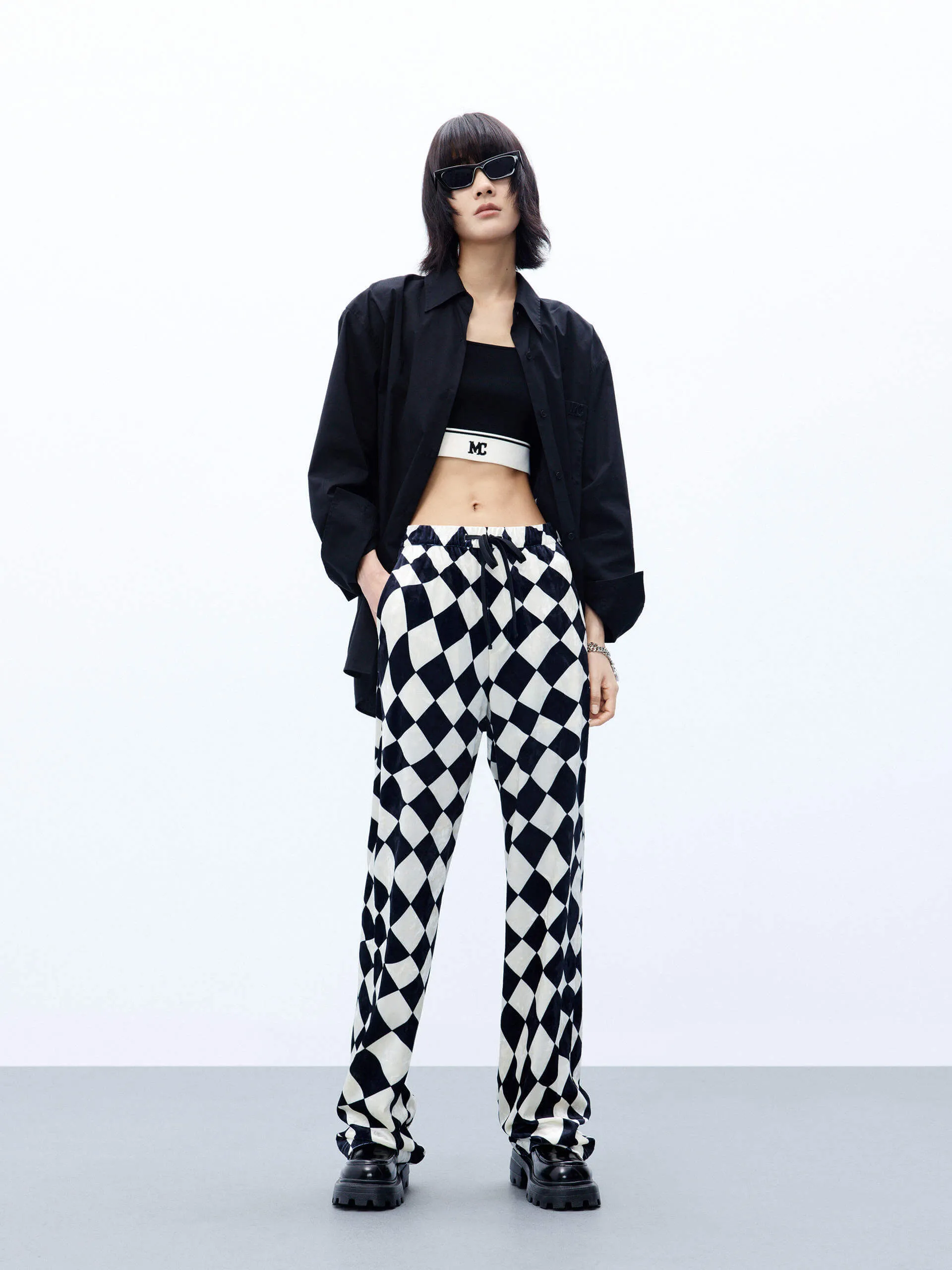 Argyle Check Elastic Waist Pants