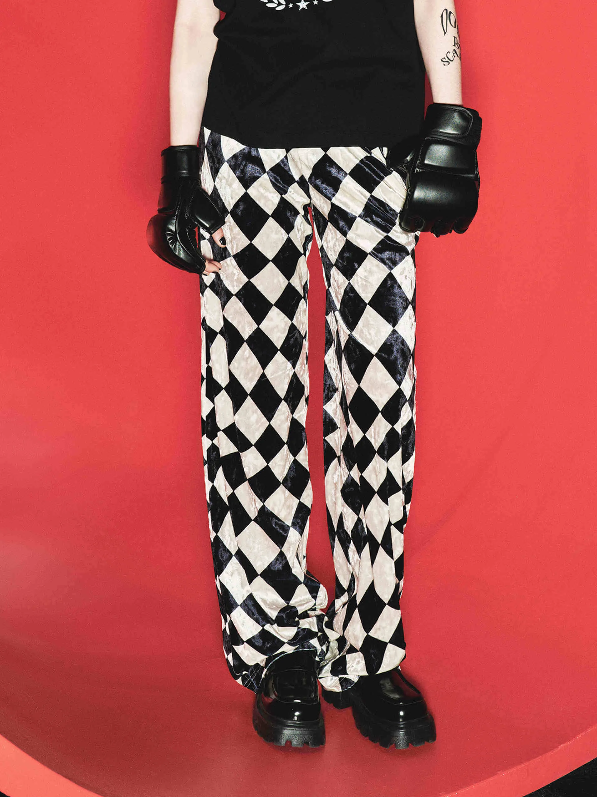 Argyle Check Elastic Waist Pants