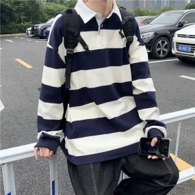 Autumn Lapel Hoodie Men's Fashion Hit Color Casual Striped Hoodies Mens Streetwear Loose Hip-hop Pullover Sweatshirt Men Hoody