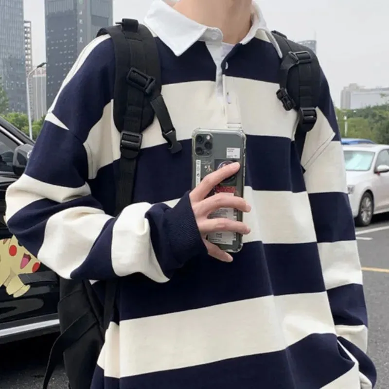 Autumn Lapel Hoodie Men's Fashion Hit Color Casual Striped Hoodies Mens Streetwear Loose Hip-hop Pullover Sweatshirt Men Hoody