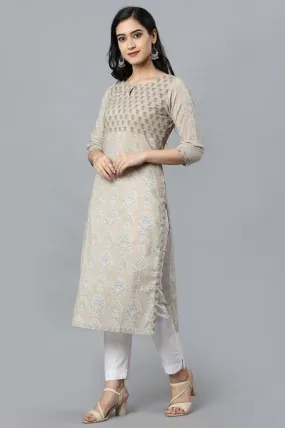 Beige Buta Cotton Long Kurta