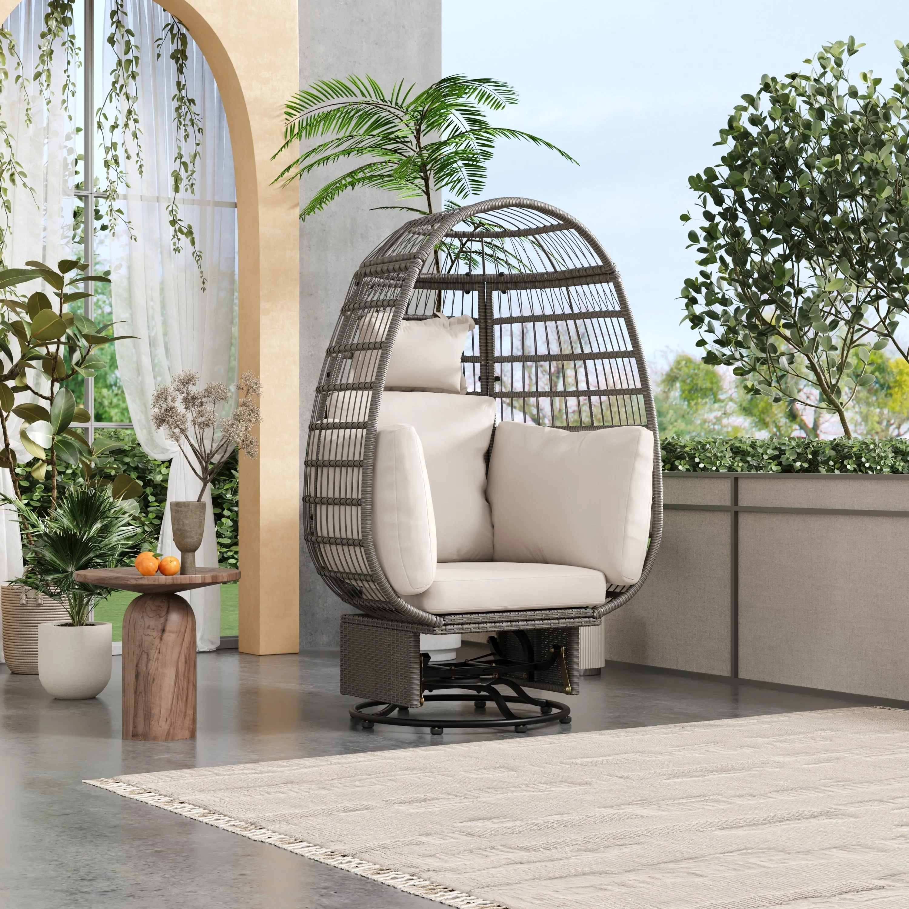 Bell Outdoor Swivel Chair with Cushion (Gray Wicker   Beige Cushion)