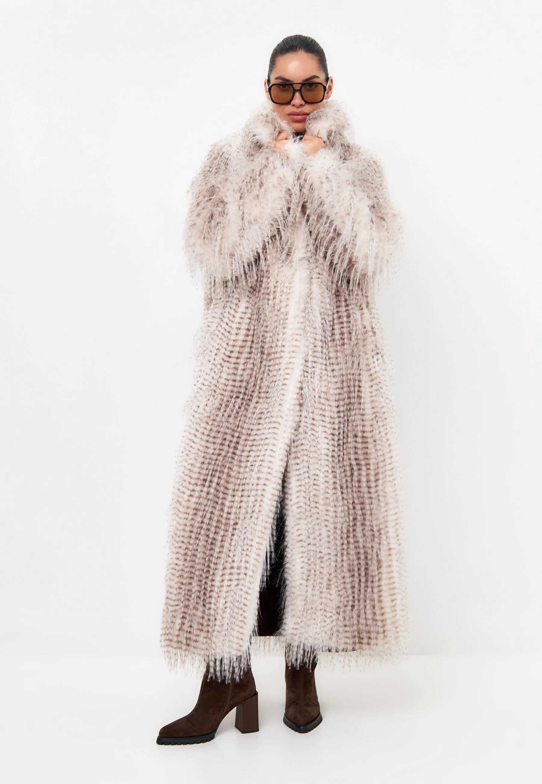 Belted Long Faux Fur Coat