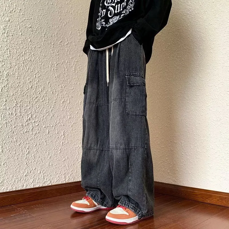 Black New Jeans Cargo Pants Men Hip Hop Punk Japanese Streetwear Vintage Y2k Korean Style Straight Wide Leg Trousers Male