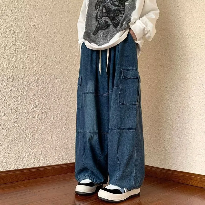 Black New Jeans Cargo Pants Men Hip Hop Punk Japanese Streetwear Vintage Y2k Korean Style Straight Wide Leg Trousers Male