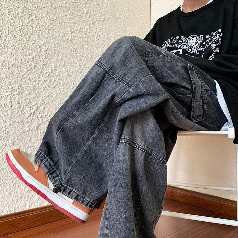 Black New Jeans Cargo Pants Men Hip Hop Punk Japanese Streetwear Vintage Y2k Korean Style Straight Wide Leg Trousers Male