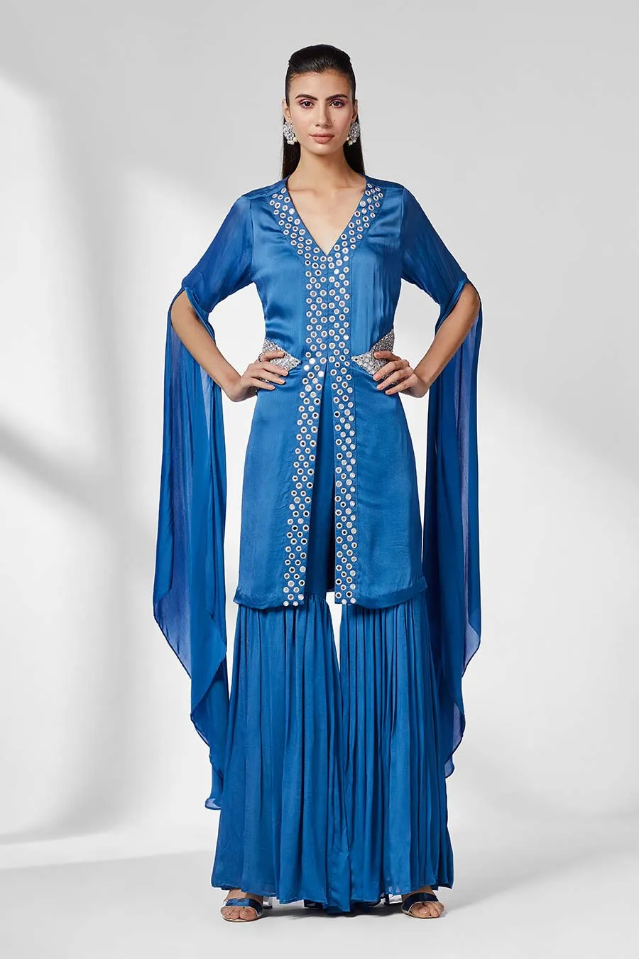 Blue Mirror Work Tunic & Gharara Set (Set of 2)