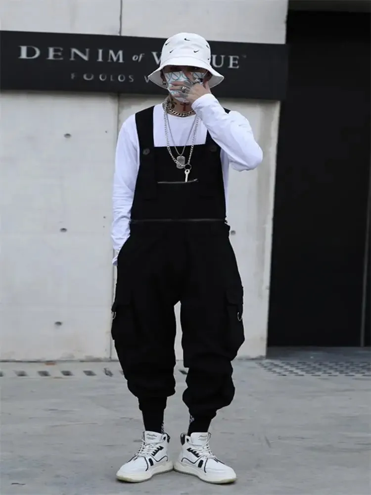 BONSIR  -  Autumn men's work clothes suspenders hair stylist dark functional casual pants teenagers loose Hip Hop Pants