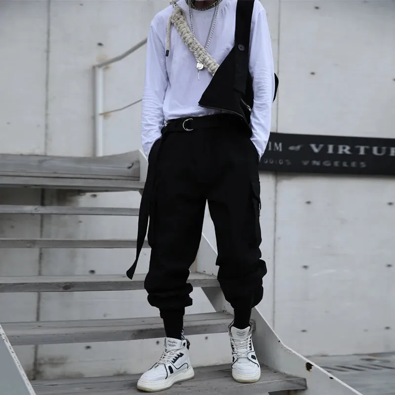 BONSIR  -  Autumn men's work clothes suspenders hair stylist dark functional casual pants teenagers loose Hip Hop Pants