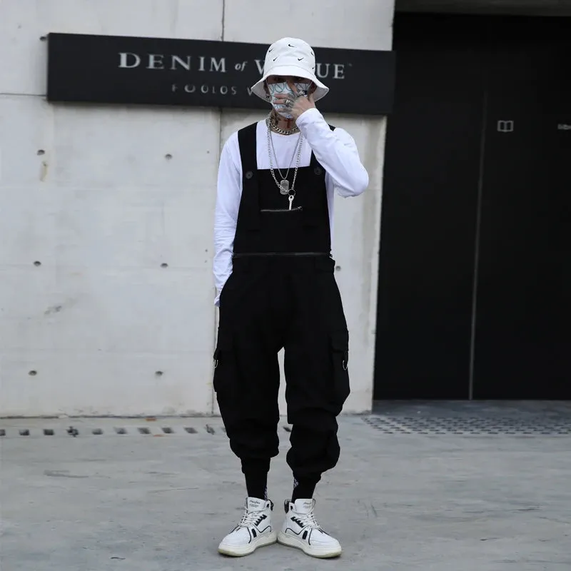 BONSIR  -  Autumn men's work clothes suspenders hair stylist dark functional casual pants teenagers loose Hip Hop Pants