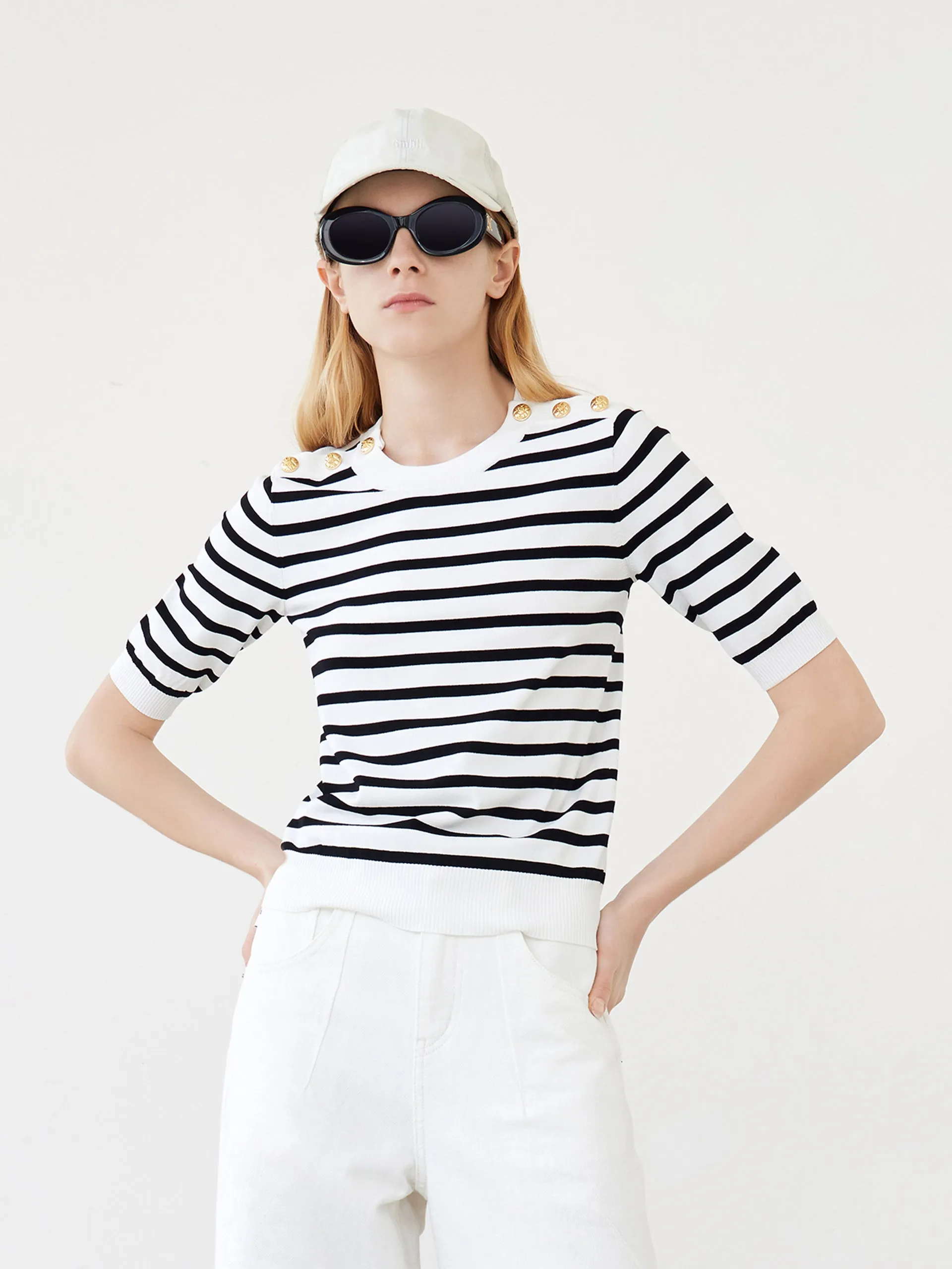 Button Striped Knit Top