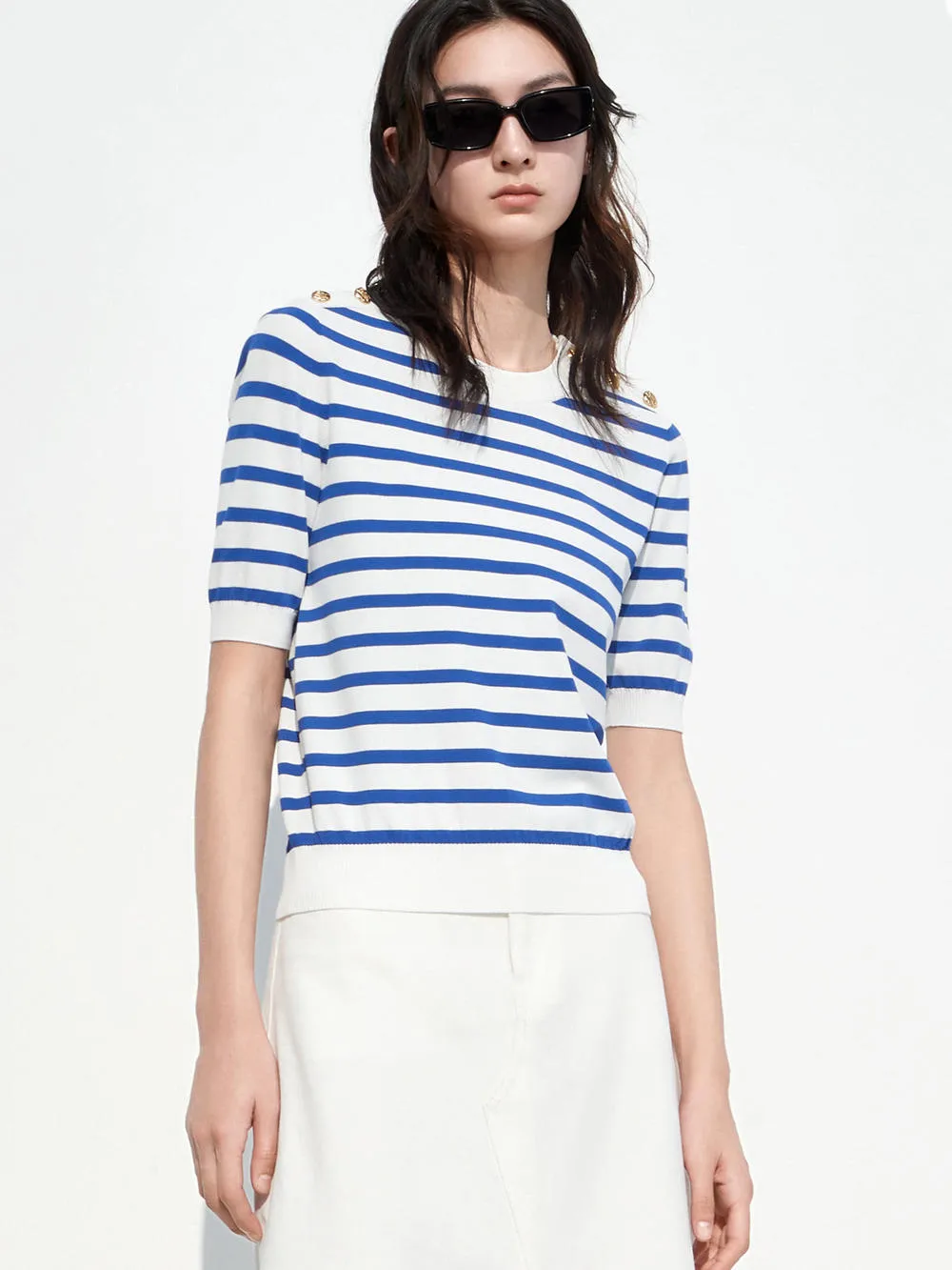 Button Striped Knit Top