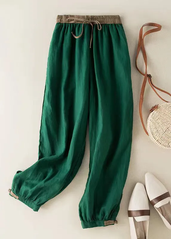 Casual Green Elastic Waist Thin Linen Crop Pants Summer BV059