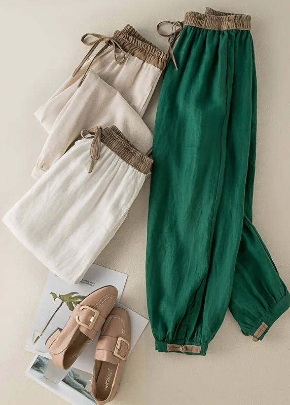 Casual Green Elastic Waist Thin Linen Crop Pants Summer BV059