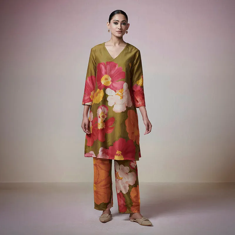 Chanderi Kurta Set for Women | Floral Print | Olive Green