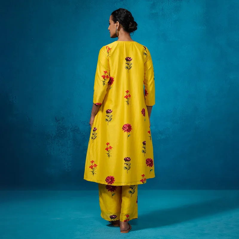 Chanderi Kurta Set For Women | Floral Printed | Mustard Yellow