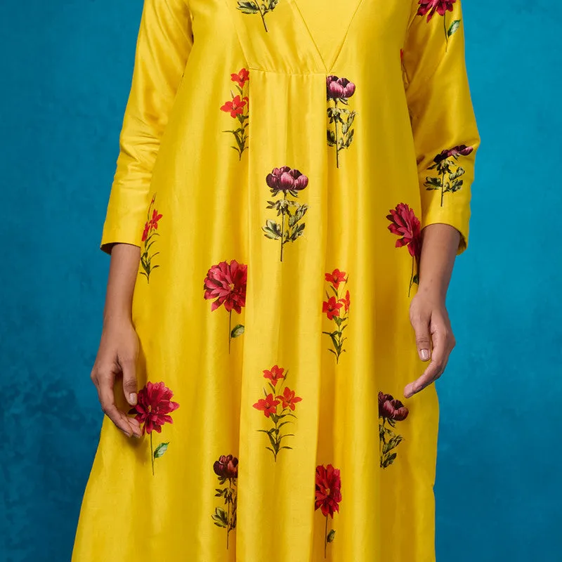 Chanderi Kurta Set For Women | Floral Printed | Mustard Yellow