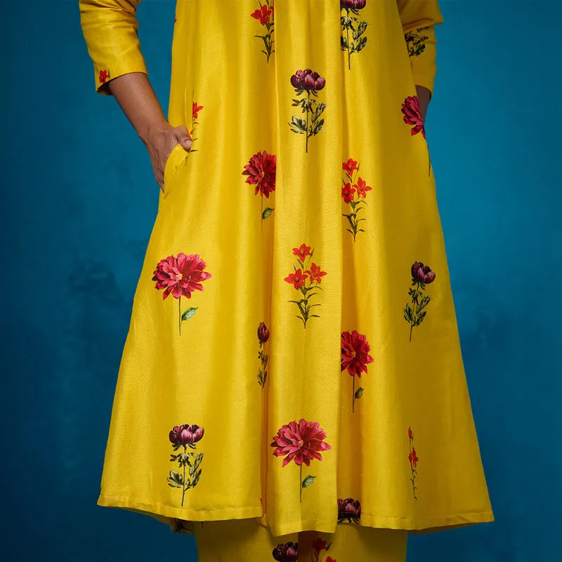 Chanderi Kurta Set For Women | Floral Printed | Mustard Yellow