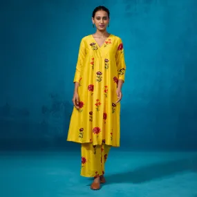 Chanderi Kurta Set For Women | Floral Printed | Mustard Yellow