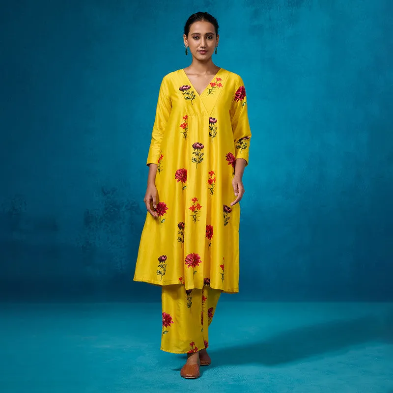 Chanderi Kurta Set For Women | Floral Printed | Mustard Yellow