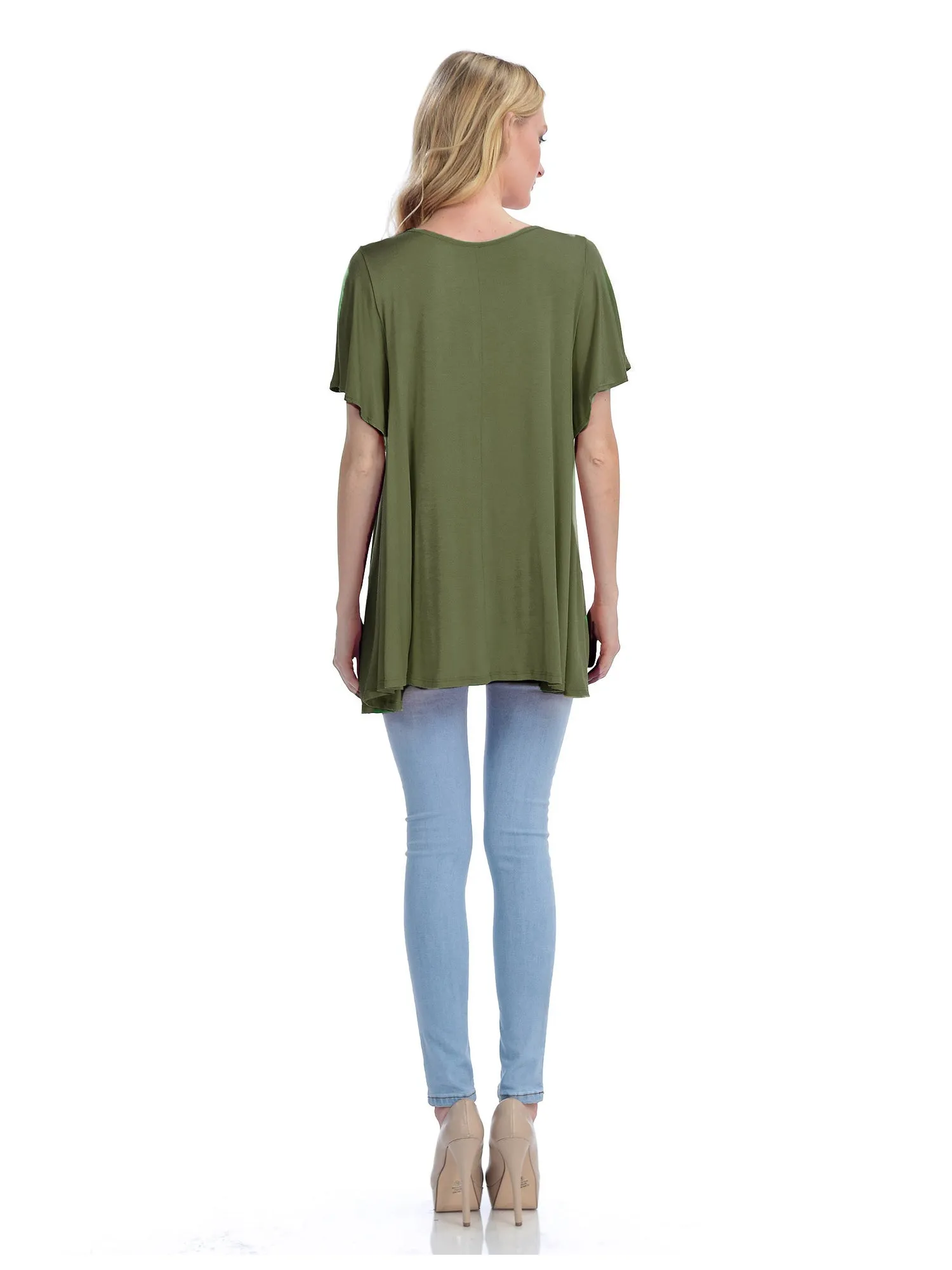 [Clearance] Womens Solid Basic Loose Fit Tunic Top with Ruffle Sleeve