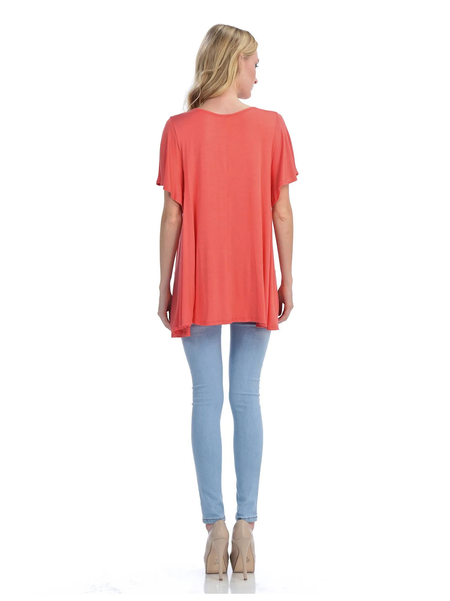 [Clearance] Womens Solid Basic Loose Fit Tunic Top with Ruffle Sleeve