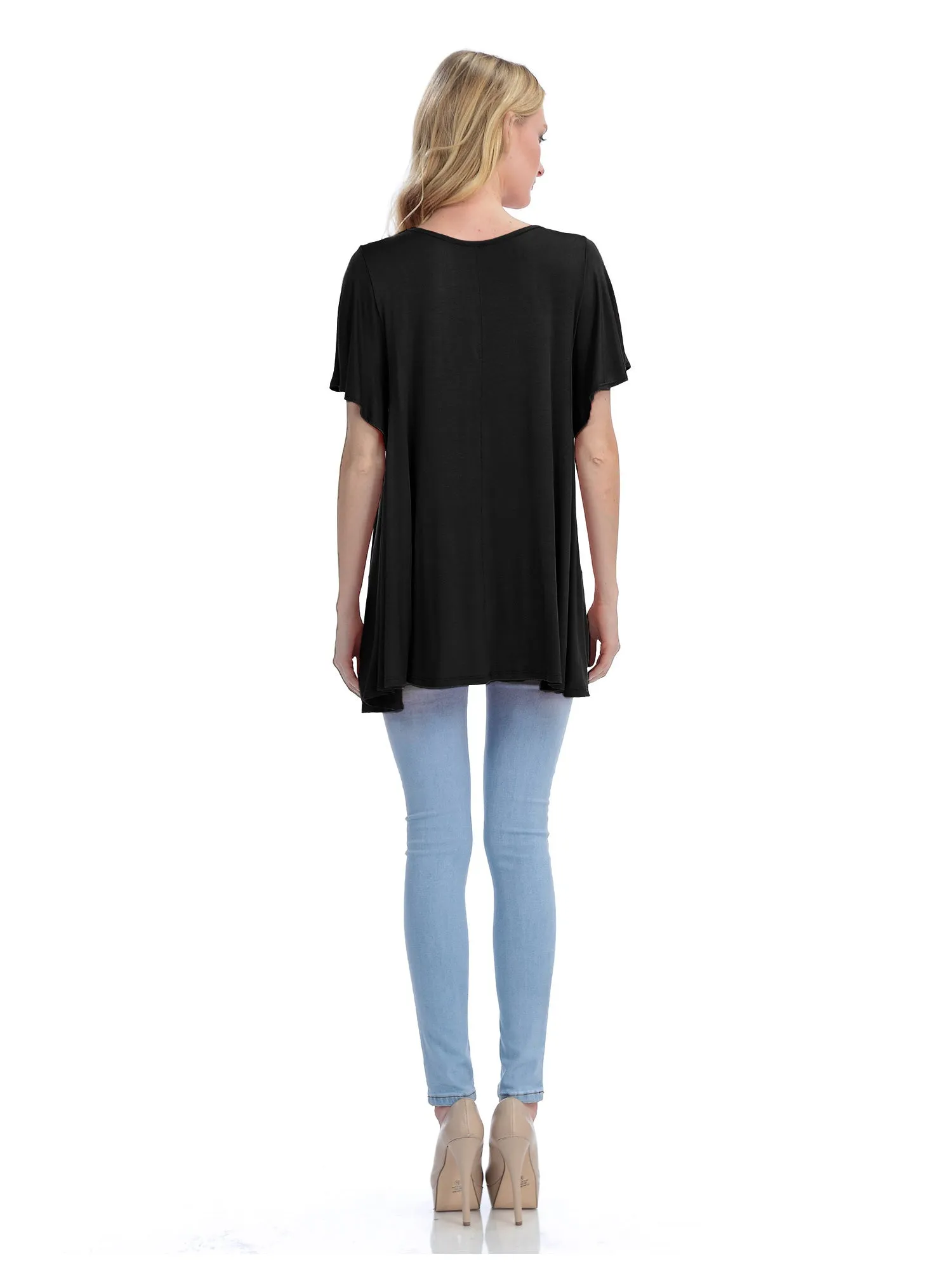 [Clearance] Womens Solid Basic Loose Fit Tunic Top with Ruffle Sleeve