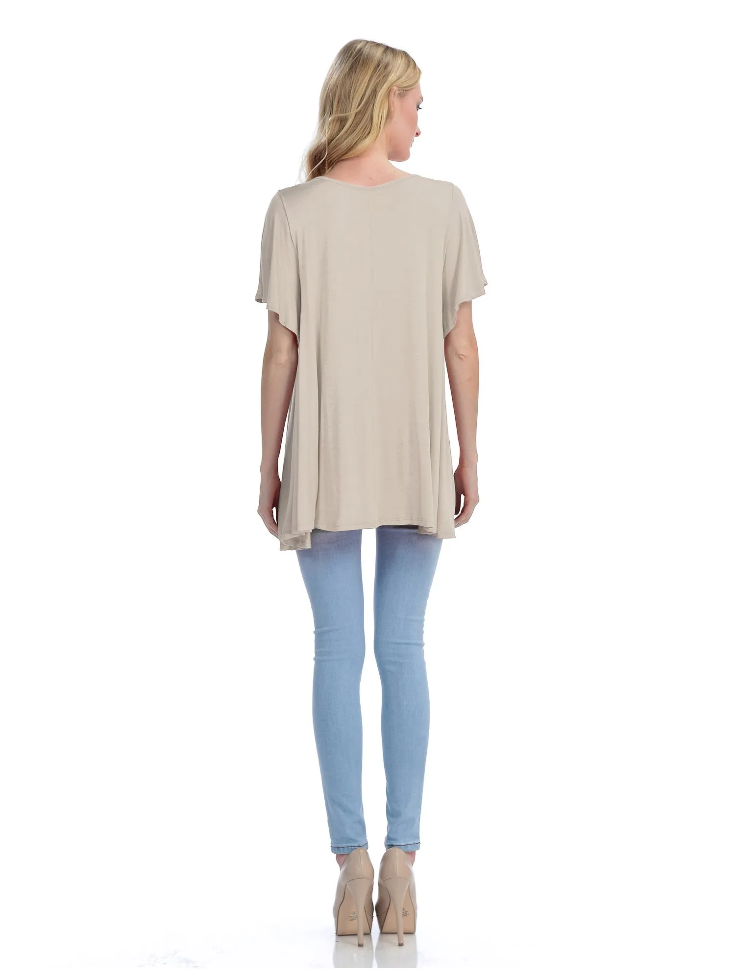 [Clearance] Womens Solid Basic Loose Fit Tunic Top with Ruffle Sleeve