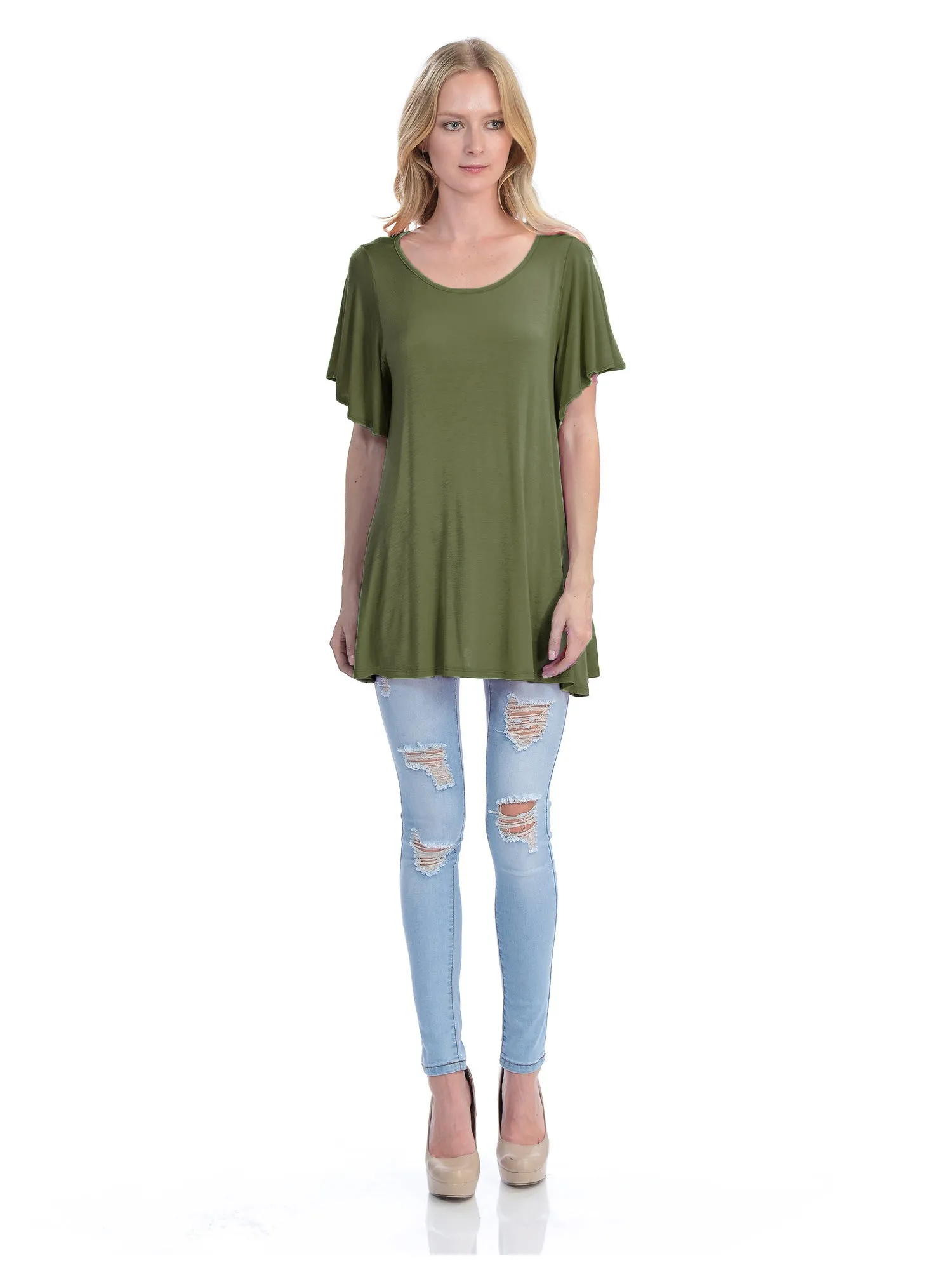 [Clearance] Womens Solid Basic Loose Fit Tunic Top with Ruffle Sleeve