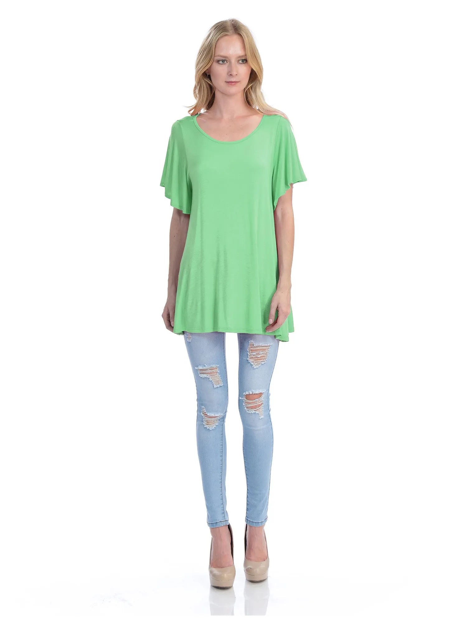 [Clearance] Womens Solid Basic Loose Fit Tunic Top with Ruffle Sleeve