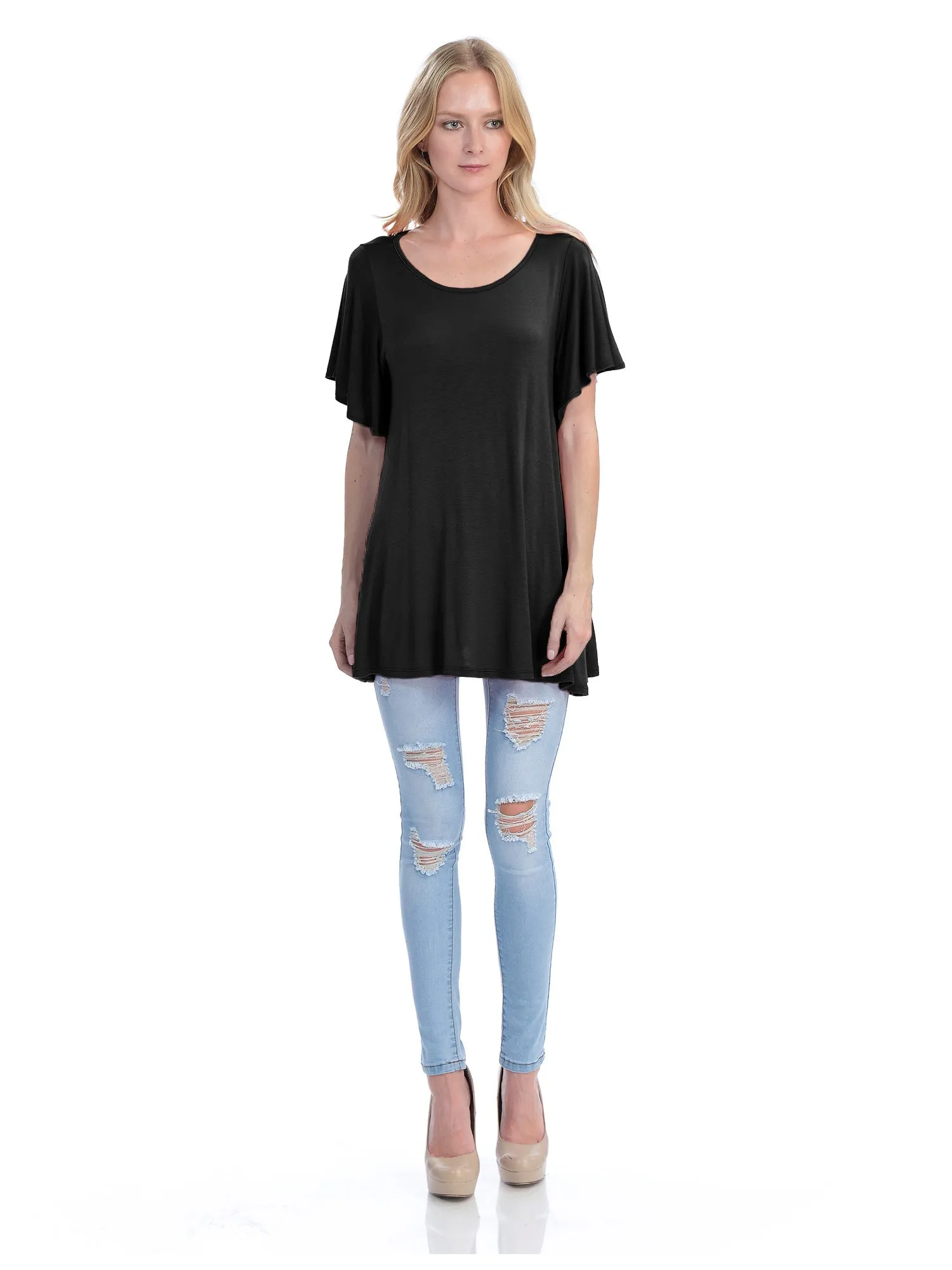 [Clearance] Womens Solid Basic Loose Fit Tunic Top with Ruffle Sleeve